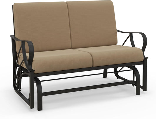 Panca a Dondolo da Giardino a 2 Posti, Panchina a Dondolo in Metallo con Cuscini, 124,5 x 89 x 73 cm, Carico Massimo 300kg, Sedia a Dondolo da Esterno Giardino Terrazza (Khaki)