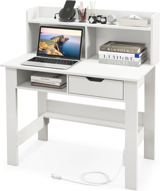 Scrivania Piccola con Libreria, Scrivania Salvaspazio con Prese di Corrente, Porte USB, Tipo C, Cassetto, Ripiano Superiore e Ripiano Aperto, per Casa, Ufficio e Studio (Bianco)