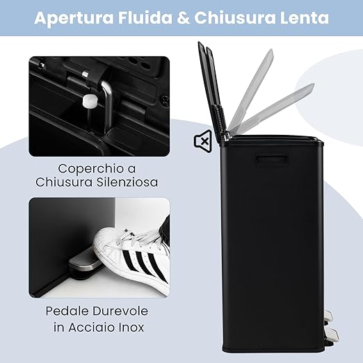 Pattumiera per Differenziata 2 Scomparti, Secchi Spazzatura Differenziata 2 x 30 L, Bidone con Coperchi a Chiusura Morbida, Acciaio Inox Anti-Impronte (Nero)