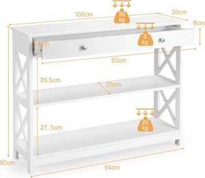 Tavolo Consolle con Cassetto, Tavolo da Ingresso a 3 Ripiani, Tavolino per Divano per Ingresso Soggiorno Camera da Letto, Stile Vintage Industriale (Bianco)