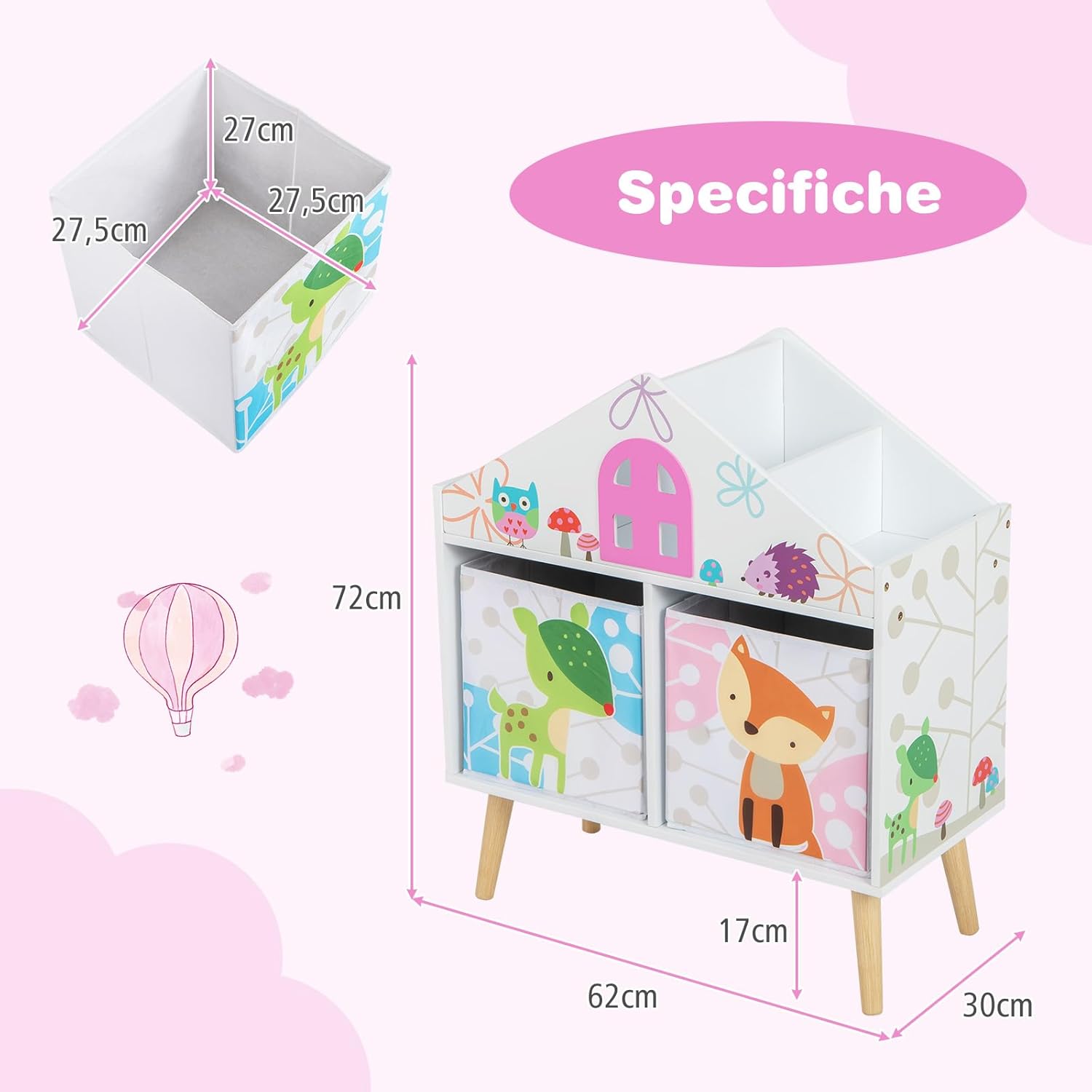 Libreria per Bambini con 2 Contenitori Rimovibili, Libreria a Forma di Casa con Gambe in Legno Massello, Scaffale per Giocattoli per Cameretta Soggiorno Asilo Nido, 62x30x72 cm