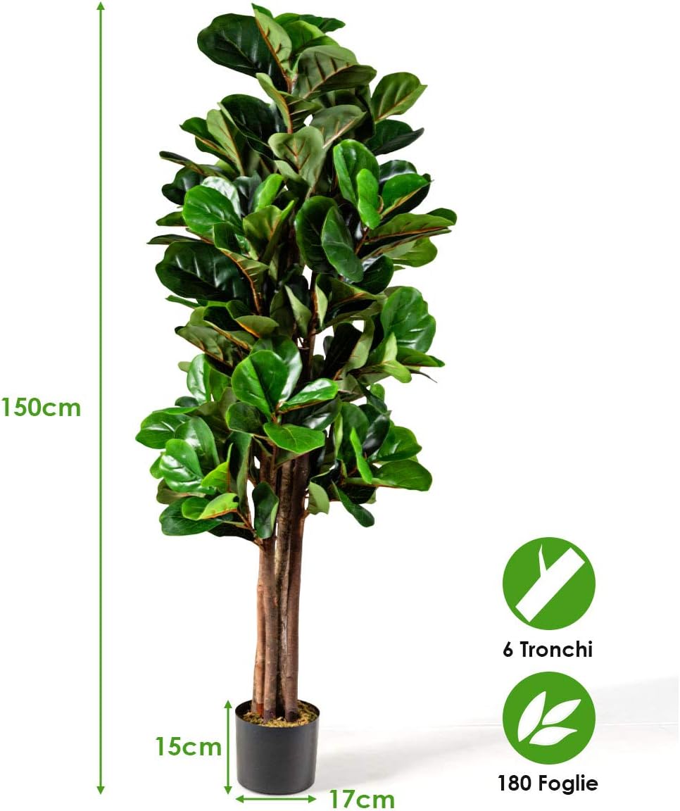 Albero Pianta Fico Ficus Artificiale Plastica, Verde, 150cm, Vaso Ø17cm