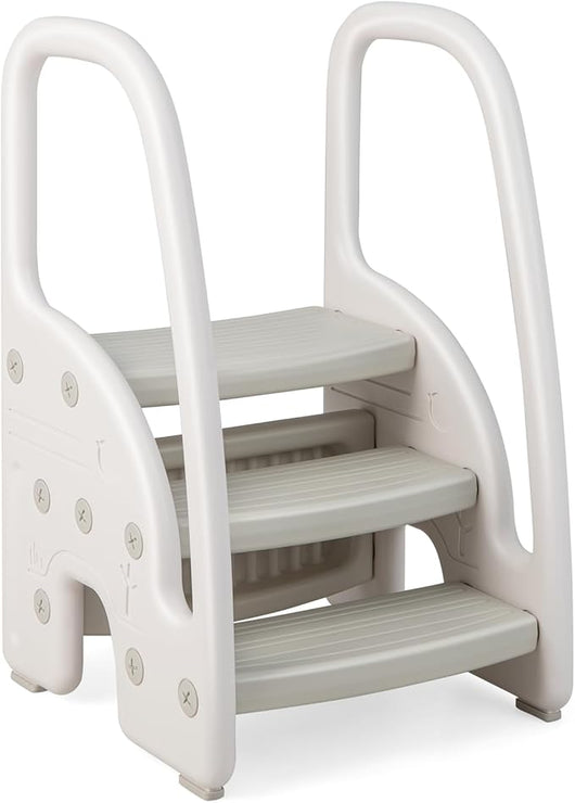 Sgabello a 3 Gradini per Bambini, Sgabello Scaletta per Bambini con Corrimani di Sicurezza e Gradini Antiscivolo, Capacità di Carico 75kg, per Cucina, Bagno, WC (Grigio)