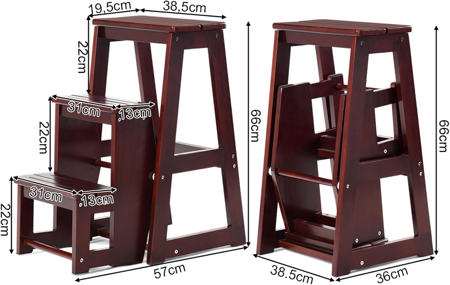 Sgabello Scaletta 3 Gradini in Legno di Pino, Sgabello Scala Pieghevole Salvaspazio, Scaletta 3 Gradini a Ribalta, Capacità Portante 150 kg, 57 x 38,5 x 66cm (Noce Scuro)