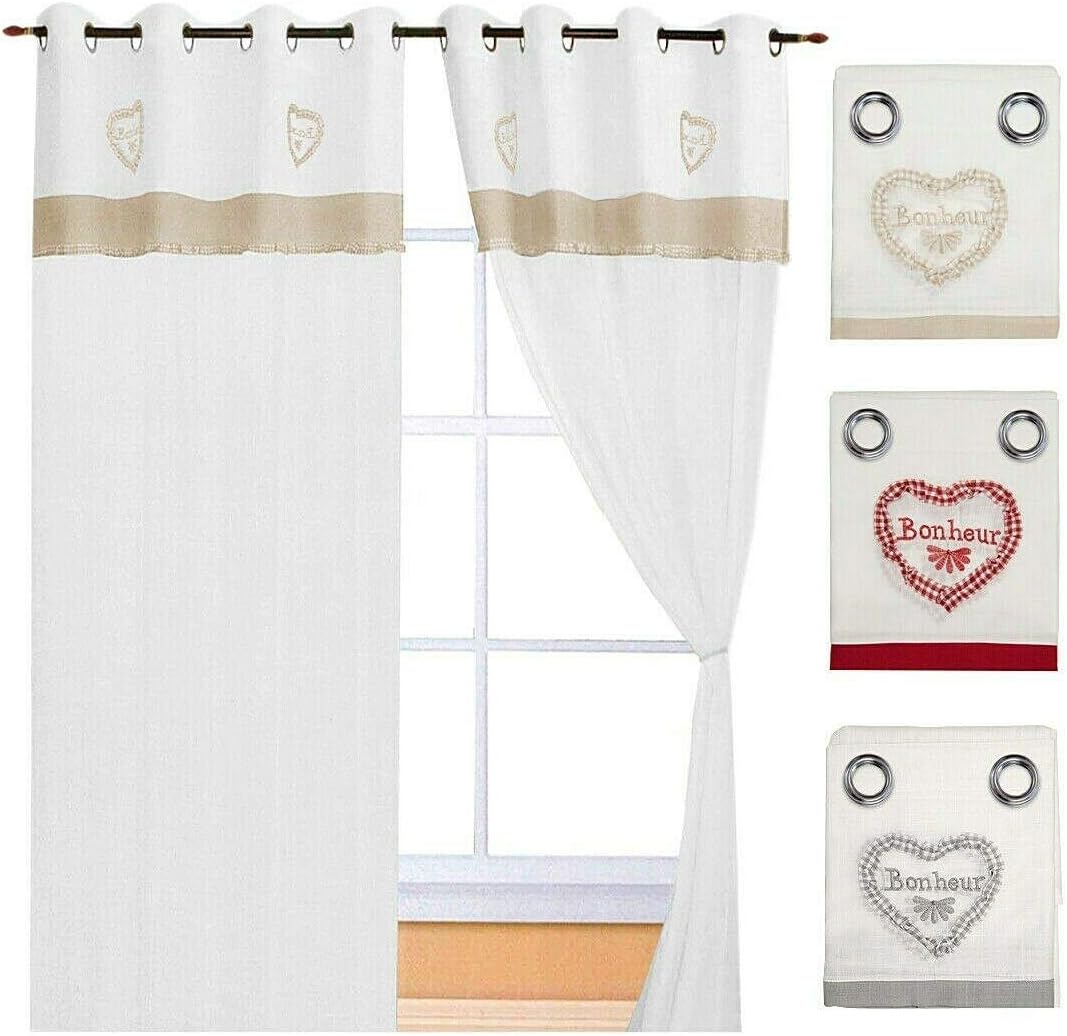 Tende Finestre Porta 140x290 cm Tessuto Lino Semitrasparente Coppia 2 Pz Cuore Quadretti Grigio