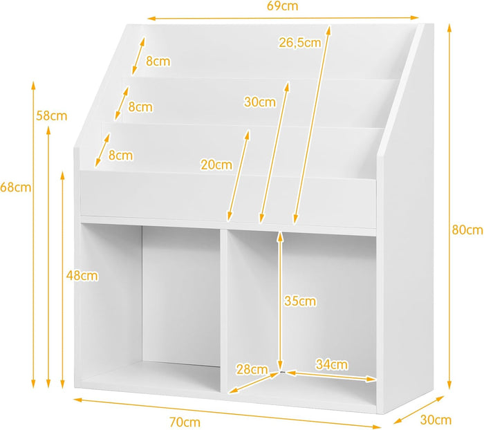 Scaffale per Bambini, Mobile Contenitore per Giocattoli con 3 Ripiani e Scatola di Giocattoli, per Stanza dei Giochi, Soggiorno e Asilo, 70 x 30 x 80cm