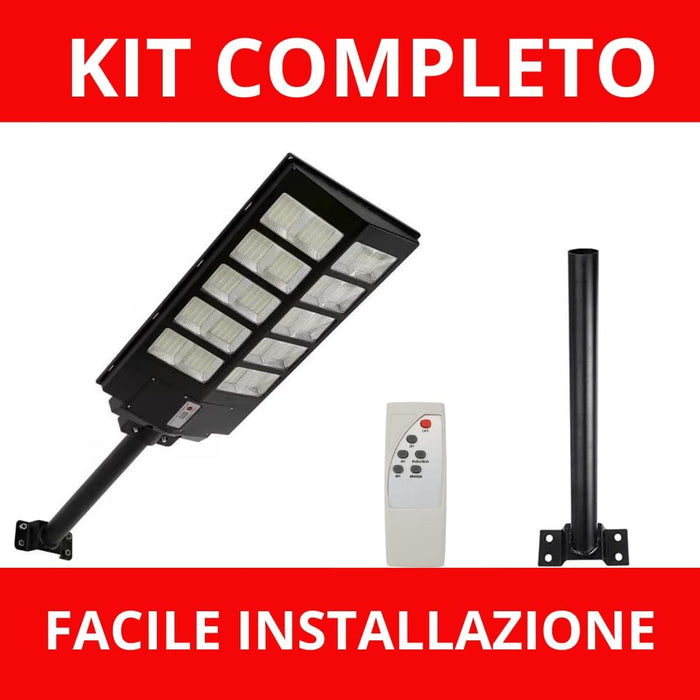 Lampione LED Esterno con Pannello Solare 1200W, 6500K Bianco Freddo, Con Sensore Di Movimento 18000mAh, Telecomando + Staffa