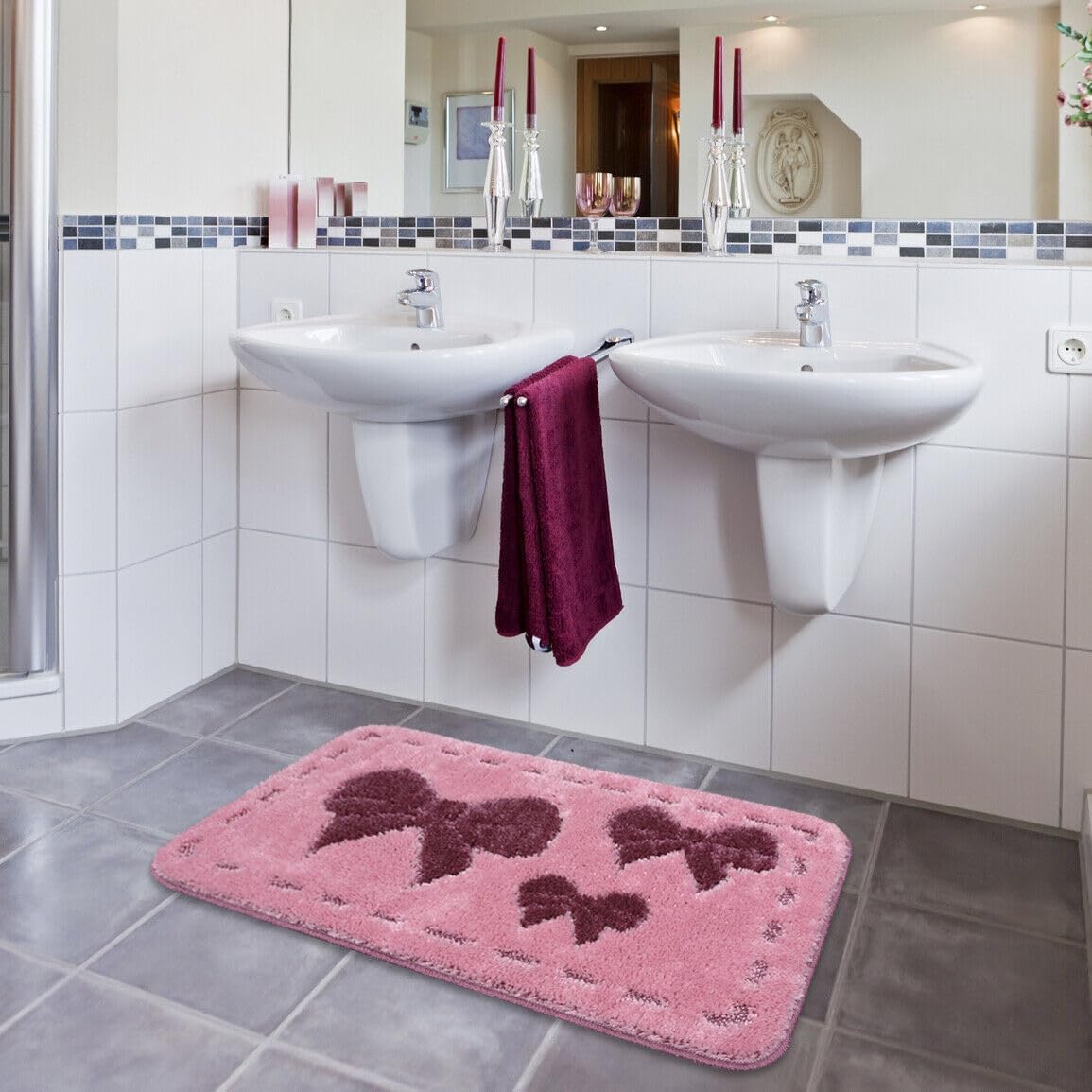 Tappeto Bagno Scendiletto Camera 50x110 cm Fiocchi Morbido Assorbente Antiscivolo Lavabile Rosa