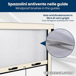 Zanzariera Avvolgibile Sali e Scendi Su Misura Largh. 0,80 x Alt. 2,50m Struttura Avorio con Freno, Protezione Insetti