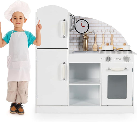 Cucina Giocattolo per Bambini, Cucina Legno per Bambini con Forno, Scomparti, Rubinetto, Lavello e Telefono, 3 Anni+, Bianco