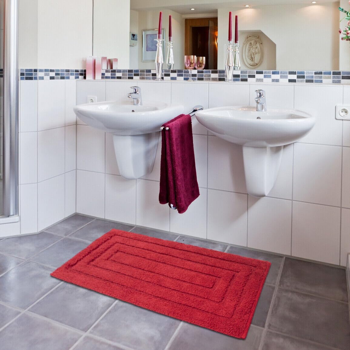 Tappeto Bagno 60x175 cm Puro Cotone Elegante Lussuoso Morbido Scendiletto Antiscivolo Rosso