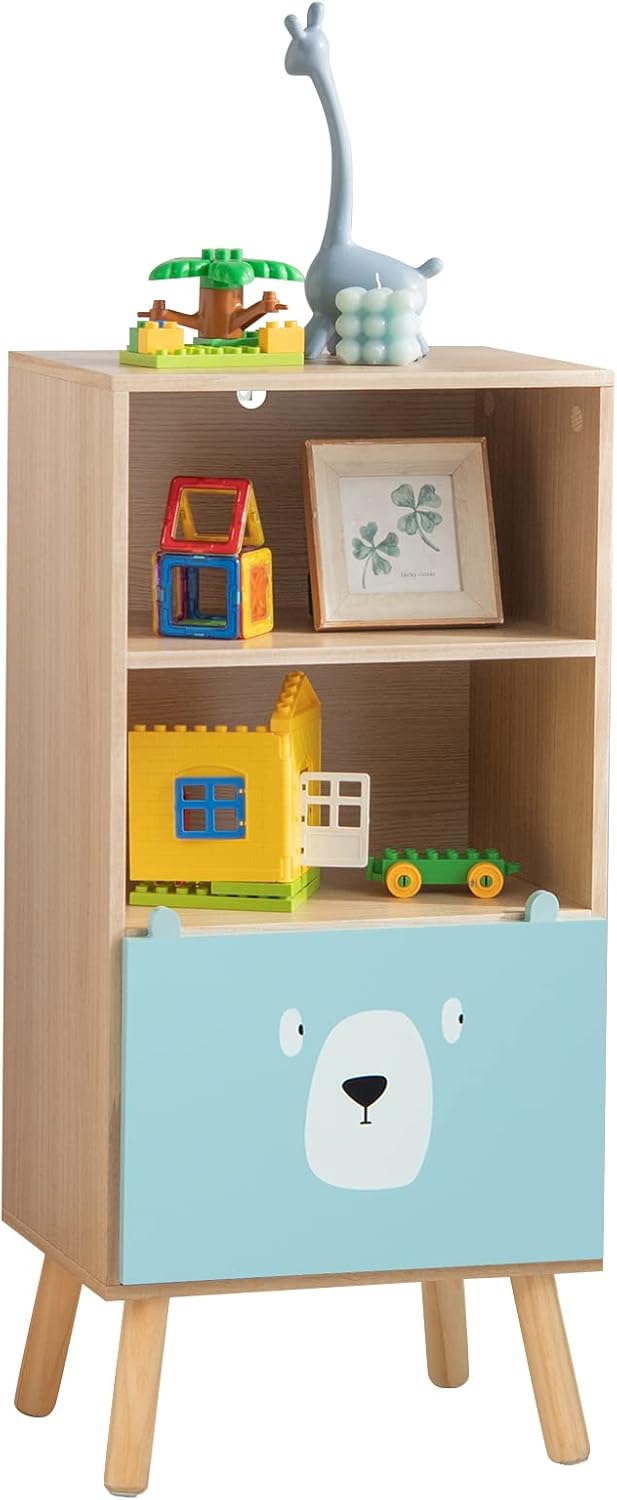 Scaffale per Bambini a 3 Livelli, Libreria in Legno con Cassetto, Mobile Portagiochi per Bambini, Libreria da Terra con Dispositivo Antiribaltamento per Cameretta, 40,5 x 29 x 85 cm