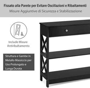 Consolle con Cassetto, Tavolo Consolle con Ripiani e Dispositivo Antiribaltamento, Tavolo Laterale da Divano Moderno, Mobile da Ingresso per Spazi Piccoli Salotto e Corridoio (Black)