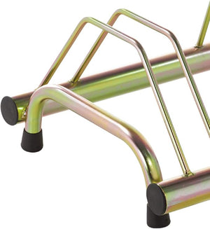 ANDRYS - Rastrelliera Porta Biciclette a Pavimento da Esterni e Interni 3 Posti, con Tappi in Pvc Neri, con Sistema di Posteggio Alto e Basso, Zincatura a Freddo, Colore Tropical Oro, 77 x 42 x 40 cm