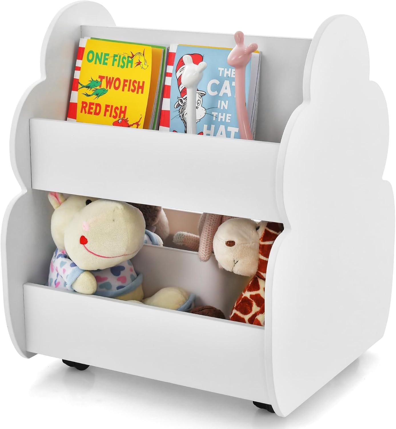 Libreria per Bambini con Ruote, Libreria Bimbi a 2 Livelli con Angoli Arrotondati, Scaffale Porta Libri Bambini da Cameretta Asilo Nido Camera da Letto, Bianco