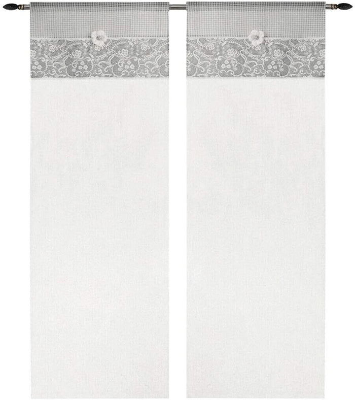 Tende Coppia Finestra Porta Interno 60x240 cm Tessuto Shabby Chic Margherita Grigio