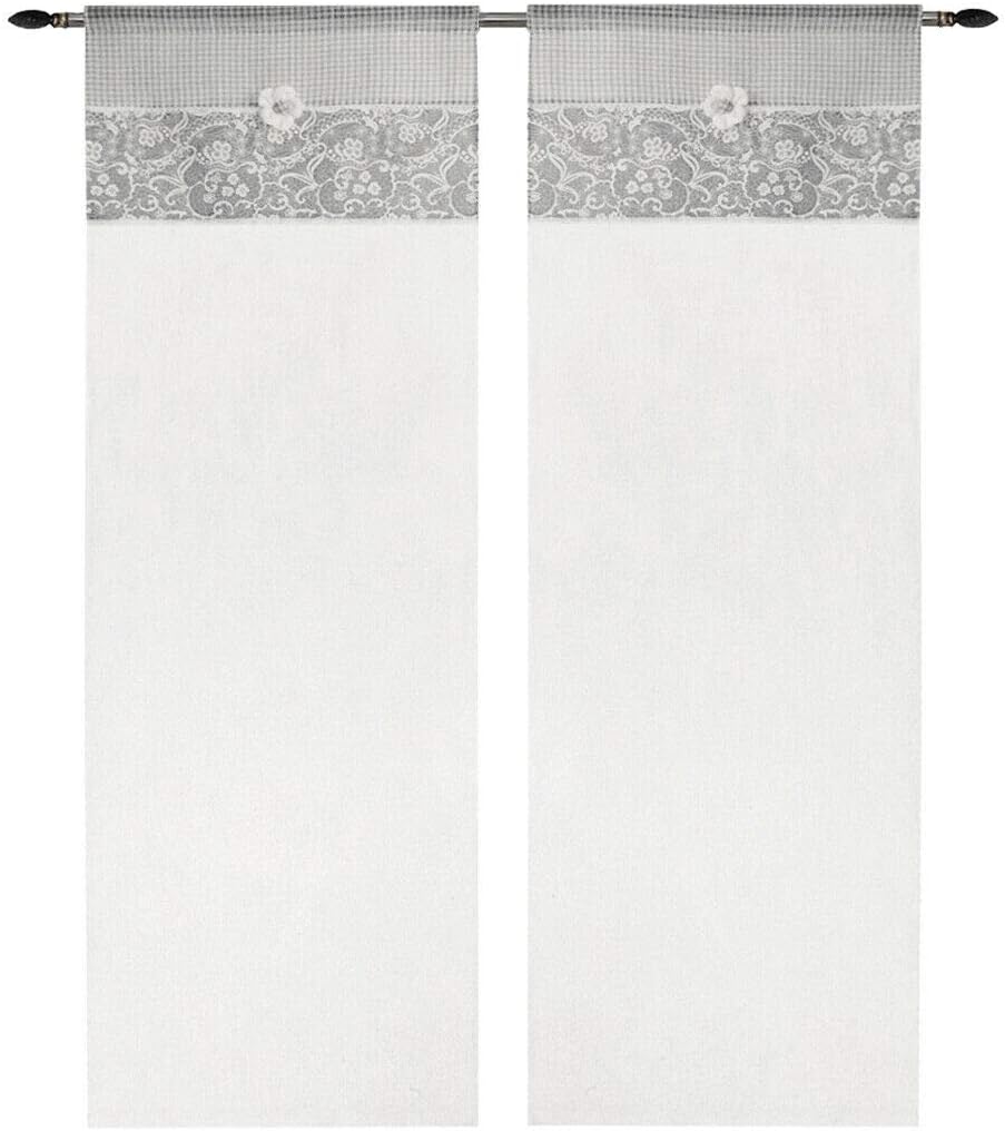 Tende Coppia Finestra Porta Interno 60x150 cm Tessuto Shabby Chic Margherita Grigio