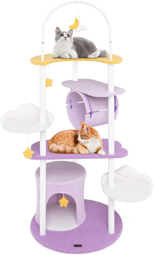 Tiragraffi per Gatti 158cm, Albero per Gatti con Multi Livelli, Struttura in Metallo, Trespolo Superiore e Piattaforme per Salti, Torre per Animali Interno, Viola, Bianco e Giallo