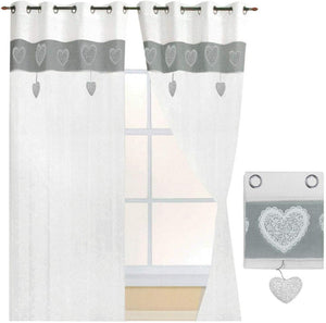 Tende Finestre Porta 140x290 cm Tessuto Lino Semitrasparente Coppia 2 Pz Shabby Chic Cuori Grigio