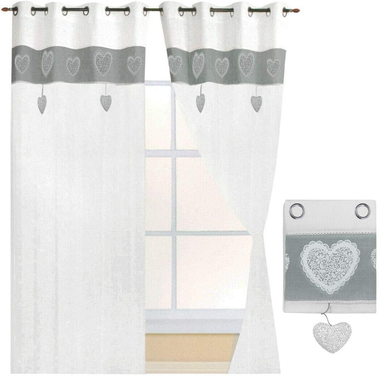 Tende Finestre Porta 140x290 cm Tessuto Lino Semitrasparente Coppia 2 Pz Shabby Chic Cuori Grigio