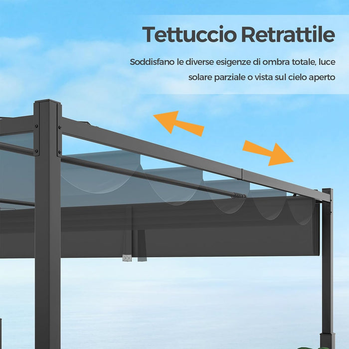 Gazebo Pergola da Giardino 310 x 310 cm, Pergola da Esterno con Tettuccio Retrattile, Struttura in Metallo, per Giardino, Patio e Portico