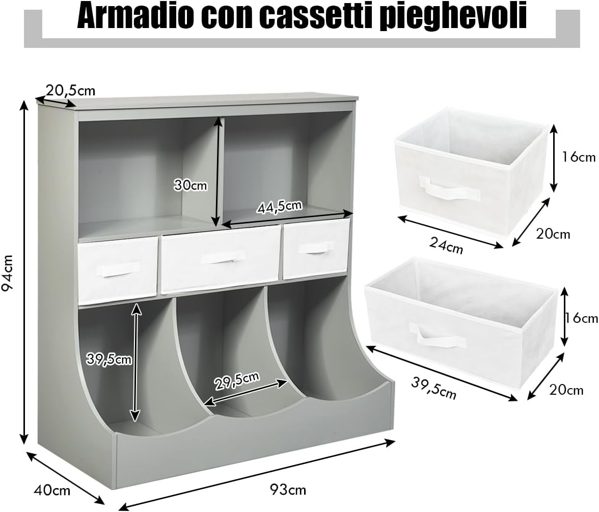 Libreria Contenitore per Bambini, con Ripiani e Cassetti, per Camera dei Bambini, 93 x 40 x 94 cm (Grigio)