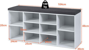 Scarpiera Salvaspazio da Ingresso con 10 Scomparti, Panca Contenitore con Cuscino, Cassapanca Portascarpe 104 x 30 x 48cm (Bianco)