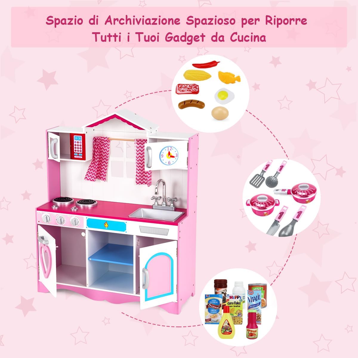 Set da Cucina Giocattolo per Bambini, Cucina da Gioco in Legno con Lavello e Rubinetto, per Bambini 3 Anni+