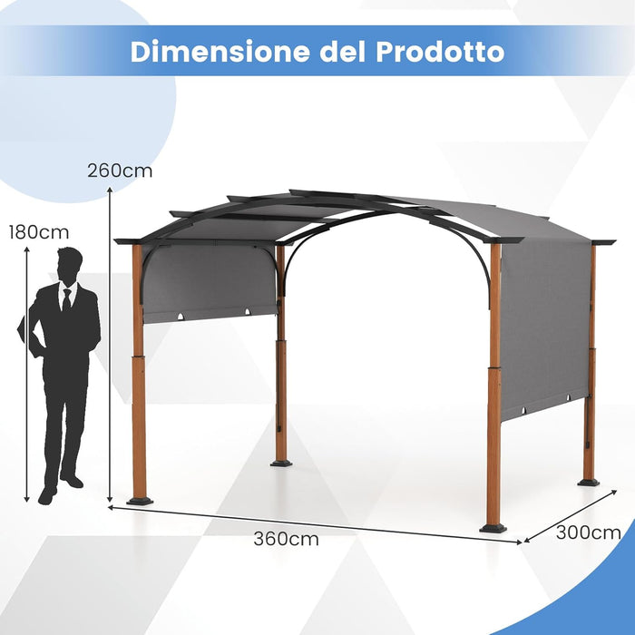 Gazebo Pergola da Giardino 3 x 3,6 m, Pergola da Esterno con Telaio Curvo e Tettuccio Retrattile, con Struttura in Metallo, per Giardino, Patio e Portico (Grigio)