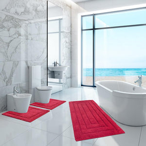 Tappeto Bagno Parure Set 3 Pezzi Puro Cotone Elegante Morbido Soffice Antiscivolo Rosso