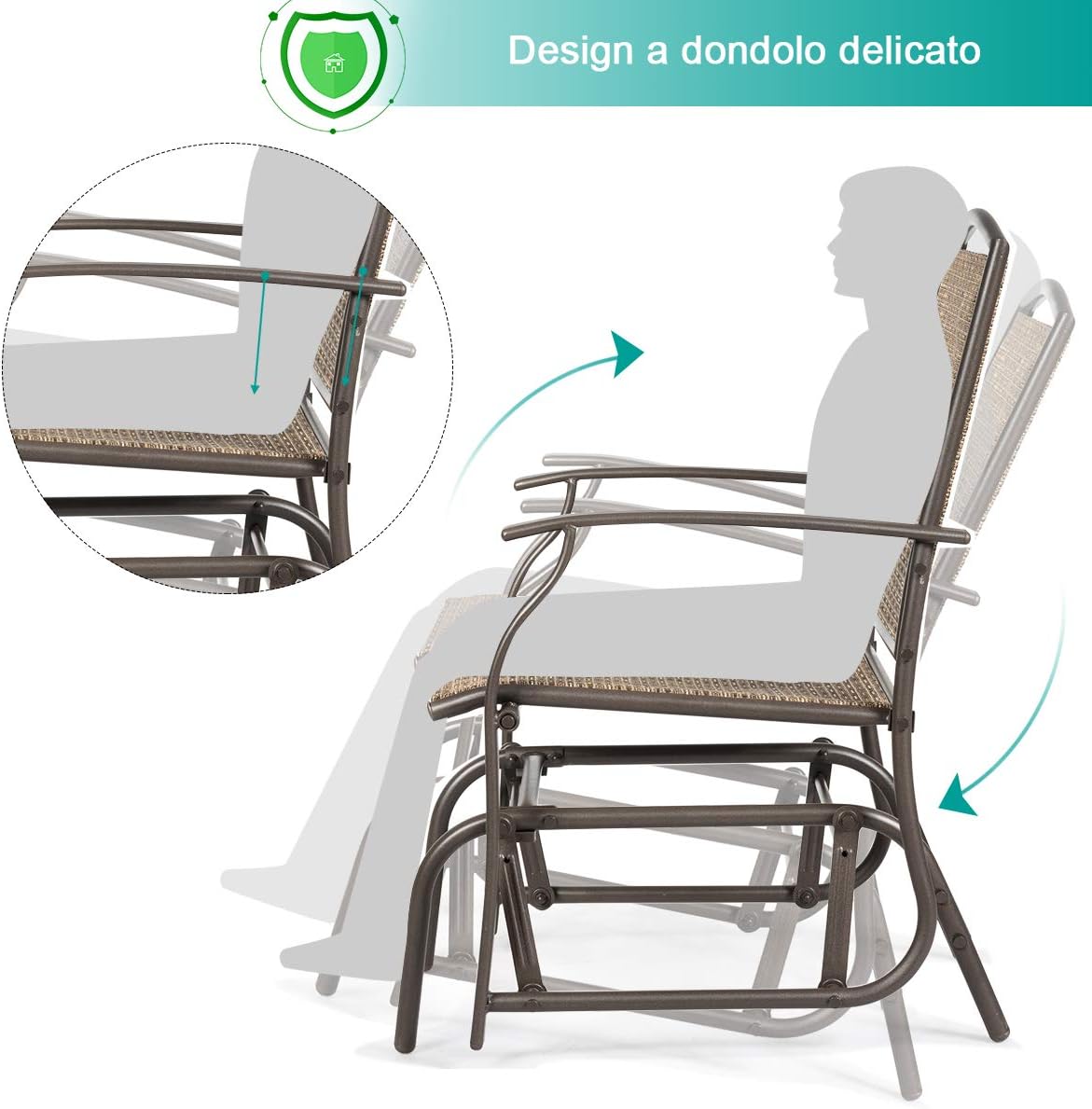 Poltrona a Dondolo da Giardino Sedia a Dondolo Esterno, Struttura di Metallo, Fino a 150 kg, per Cortile e Giardino, Marrone (Set di 1)