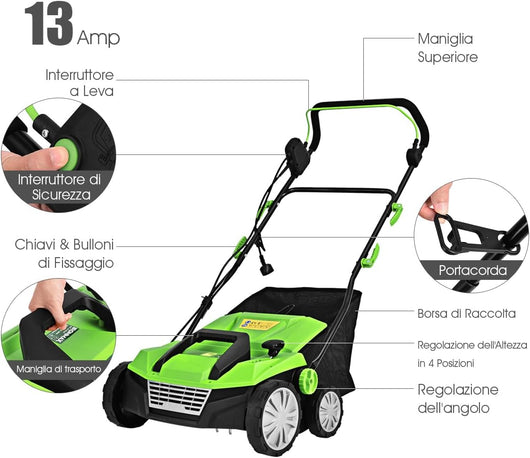 Scarificatore 2 in-1 per Prato, Arieggiatore Elettrico con Sacco Raccoglitore da 45L, Larghezza 38cm, con 3 Posizioni Regolabili, Scarificatore 1800W per Giardino Cortile (38 cm, Verde)