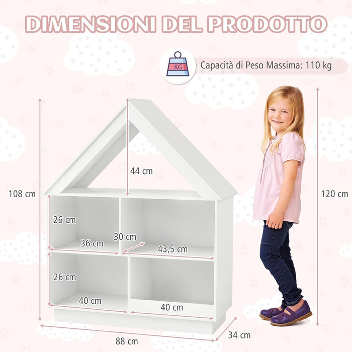 Libreria per Bambini a Forma di Casa, Scaffale in Legno con 5 Cubi per Giocattoli, Organizer di Stoccaggio Antiribaltamento, Scaffale Aperto a 3 Livelli, 88x34x108 cm (Bianco)