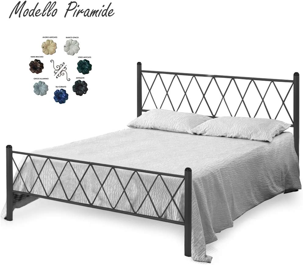 Letto in Ferro Battuto Moderno matrimoniale PIRAMIDE cm 160x190 Artigianale colore Bianco