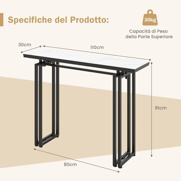 Tavolo Consolle 110cm, Tavolo da Ingresso con Piano in Finto Marmo, Struttura in Metallo e Poggiapiedi Regolabili, Tavolino da Divano Moderno per Salotto, Corridoio e Ingresso (Nero)