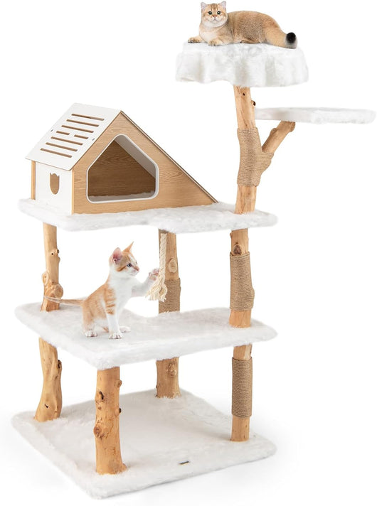 Albero per Gatti in Legno 150cm, Tiragraffi per Animali Domestici con 2 Trespoli, Corda in Sisal e Morbido Peluche, Mobile per Gatti, Bianco e Naturale