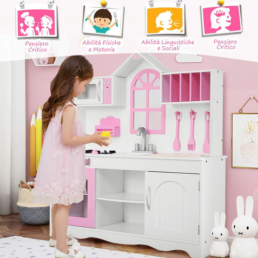 Set da Cucina Giocattolo per Bambini, Set da Cucina in Legno con Accessori da Cucina, Set da Cucina Giocattolo con Pentole in Legno per Bambini, per Bambini 3+ Anni