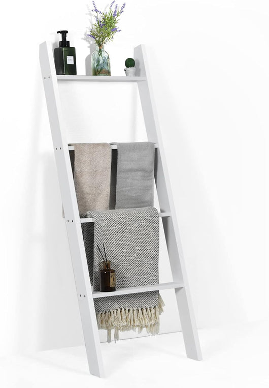 Scaffale di Stoccaggio in Legno di Pino, Porta Asciugamani a 4 Livelli per Bagno, Porta Salviette, Multiuso per Bagno Soggiorno, 51x8x137 cm (Bianco)