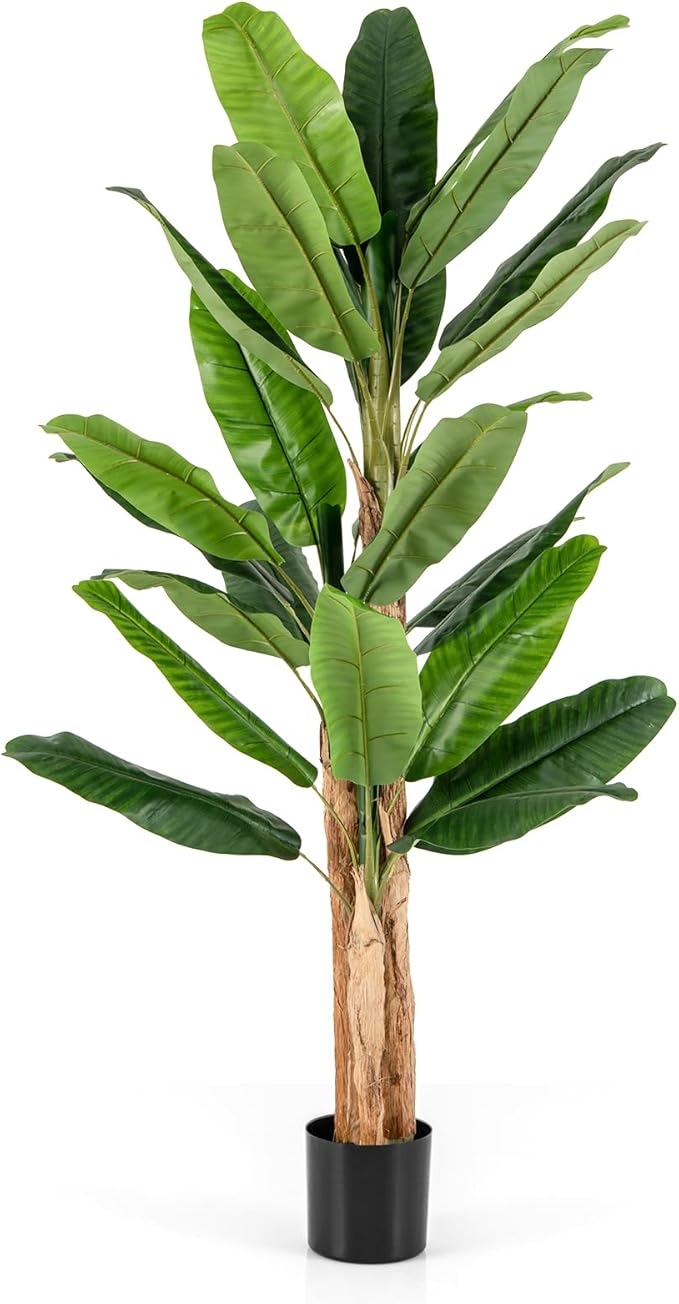 Albero di Banana Artificiale Alto 165/195 cm, Albero di Banana Finto con 10/27 Grandi Foglie, Steli Doppi/Triplici e Corteccia Naturale, Pianta in Vaso da Interno (195 cm)