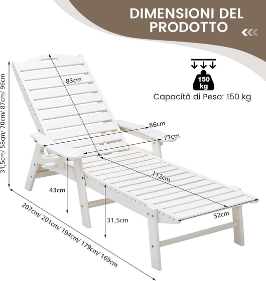 Lettino Prendisole da Giardino, Sdraio da Giardino Reclinabile in HDPE con Schienale Regolabile in 5 Posizioni e Pratico Portabicchieri Mobile, Lettino Impermeabile da Giardino Esterno