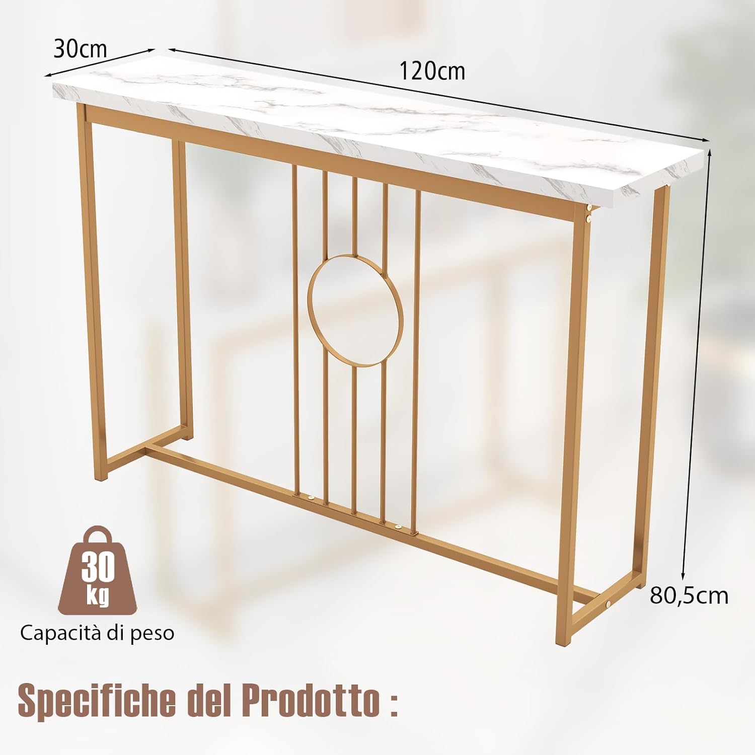 Tavolo Consolle 120CM, Tavolo Moderno con Piano Effetto Marmo, Struttura in Metallo Robusto e Piedini Regolabili, Tavolino da Divano per Soggiorno, Corridoio e Ingresso