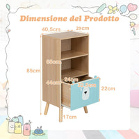 Scaffale per Bambini a 3 Livelli, Libreria in Legno con Cassetto, Mobile Portagiochi per Bambini, Libreria da Terra con Dispositivo Antiribaltamento per Cameretta, 40,5 x 29 x 85 cm