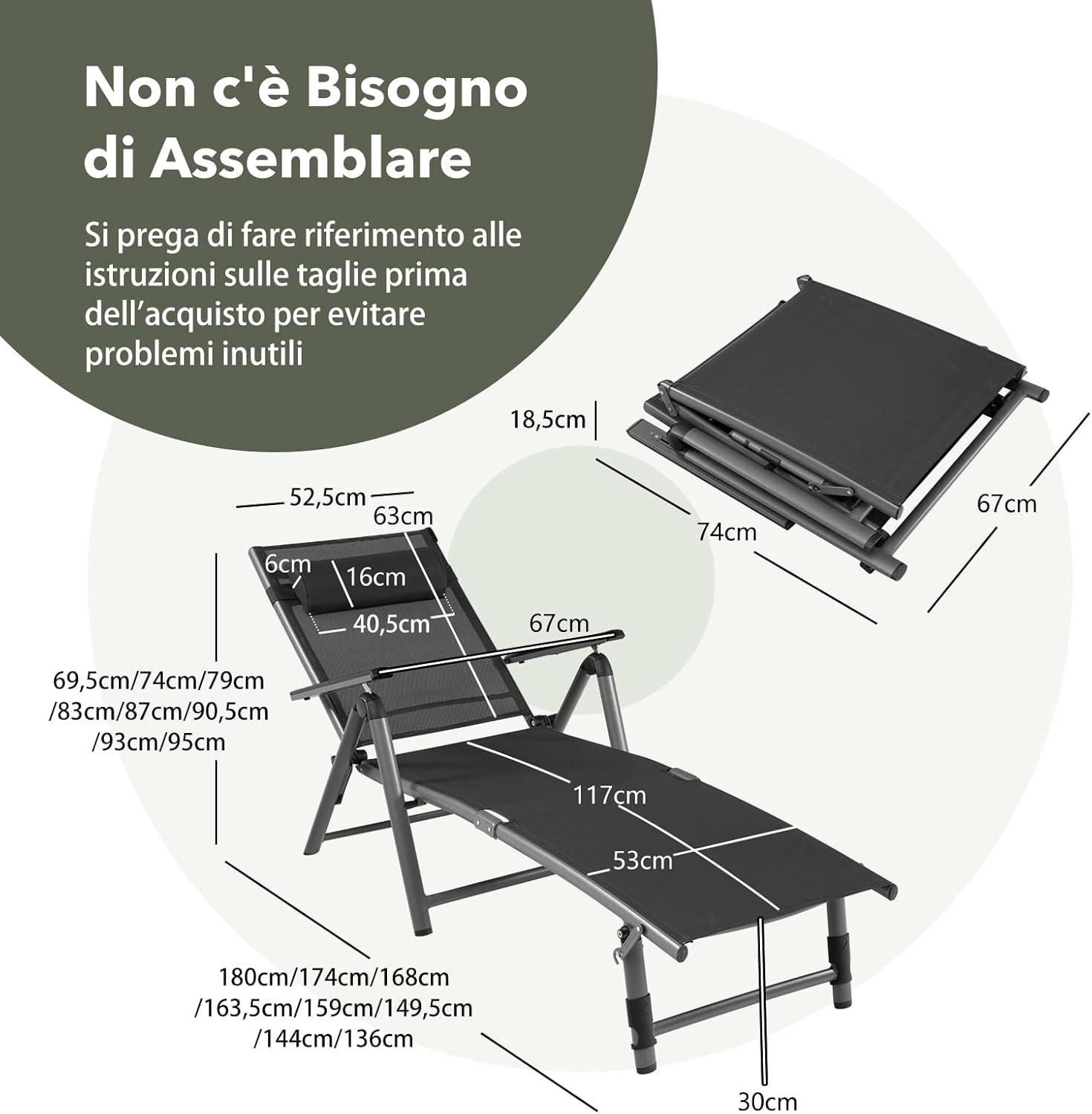 Lettino a Sdraio in Alluminio per Esterno, Chaise Longue da Esterno Regolabile con Schienale a 6 Posizioni, Ideale per Piscina, Spiaggia e Patio, Nero