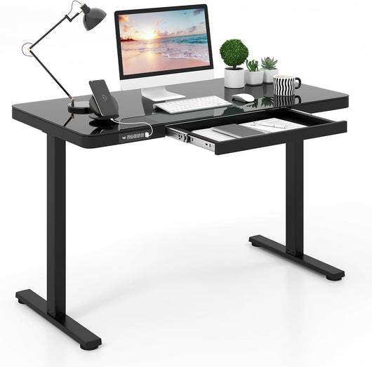 Scrivania Regolabile in Altezza con Cassetto, Scrivania con Piano in Vetro, 2 Posizioni di Memoria e Porte USB Tipo-C, Scrivania per Ufficio e Casa, 120 x 60 x 73-118 cm (Nero)