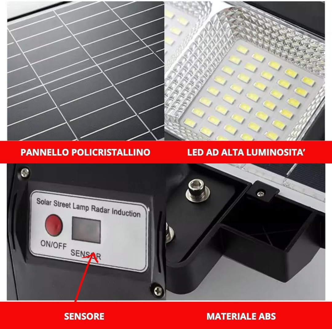 Lampione LED Esterno con Pannello Solare 1200W, 6500K Bianco Freddo, Con Sensore Di Movimento 18000mAh, Telecomando + Staffa