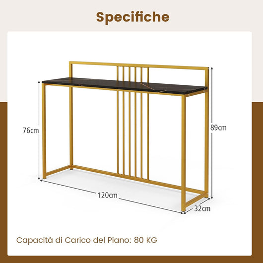 Tavolo Consolle 120 cm, Tavolo d’Ingresso con Piano Effetto Marmorino e Sponda, Consolle con Struttura in Metallo Dorato per Salotto, Corridoio e Ingresso (Nero)