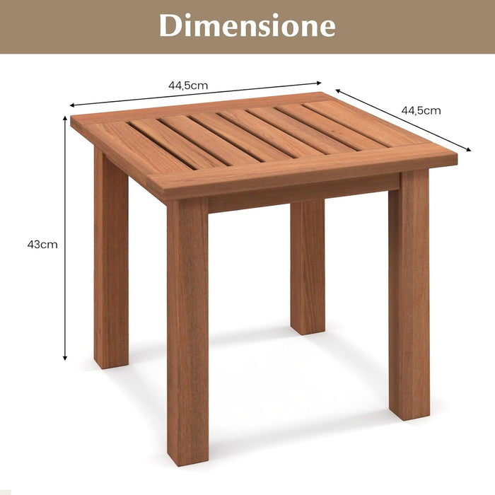 Tavolino Laterale in Legno per Patio, Tavolino da Esterno Quadrato con Piano a Doghe, Tavolino da Caffè per Esterni, Interni, Naturale, 44,5 x 44,5 x 43 cm