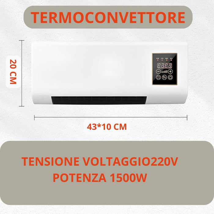 Termoconvettore Elettrico da Parete 1500W con Display LED e Telecomando - Funzione Aria Calda/Fredda, Temperatura Regolabile