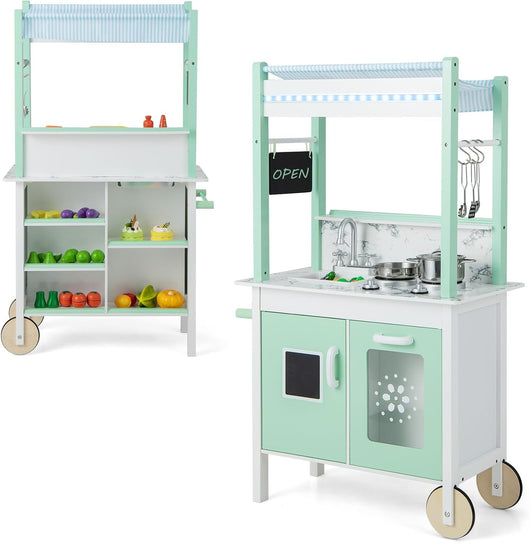 Cucina & Negozio per Bambini 2 in 1, Set Cucina Giocattolo a Doppia Faccia per Bambini in Legno, con Telecomando e Barre Luminose a LED, Ruote, per Bambini 3+ Anni