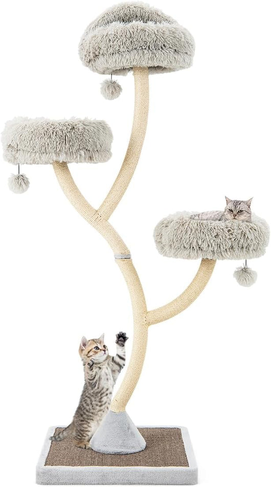 Albero per Gatti Alto 178 cm, Albero Tiragraffi per Gatti con Telaio di Supporto Curvo in Metallo, 3 Cucce Calde e Palline, Pali e Tavoletta Tiragraffi in Sisal, 59 x 59 x 178 cm (Grigio)